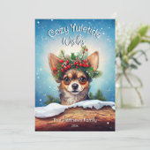Schattigee Peeking Chihuahua Gezellige Wensen Pine Feestdagenkaart (Staand voorkant)