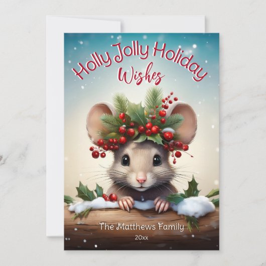 Schattigee Peeking Mouse Holly & Berry Jolly Chris Feestdagenkaart (Voorkant)