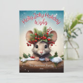 Schattigee Peeking Mouse Holly & Berry Jolly Chris Feestdagenkaart (Staand voorkant)