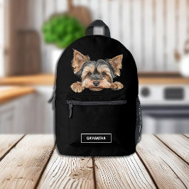 Schattigee Peeking Yorkie op zwart met naam Bedrukte Rugzak