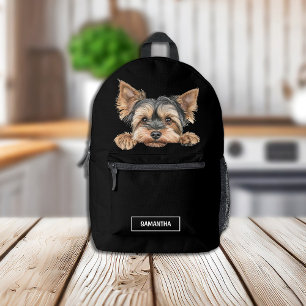 Schattigee Peeking Yorkie op zwart met naam Bedrukte Rugzak