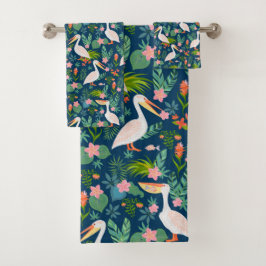 Schattigee pelikanen kleurrijke tropische bloemmot bad handdoek