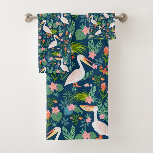 Schattigee pelikanen kleurrijke tropische bloemmot bad handdoek (Insitu)