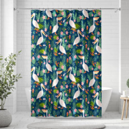 Schattigee pelikanen kleurrijke tropische bloemmot douchegordijn