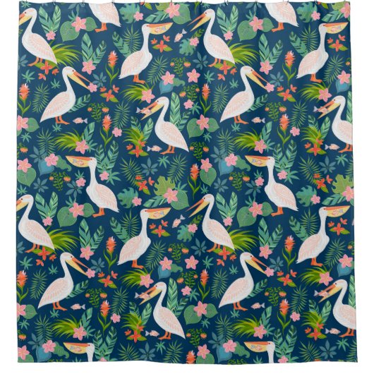 Schattigee pelikanen kleurrijke tropische bloemmot douchegordijn (Voorkant)