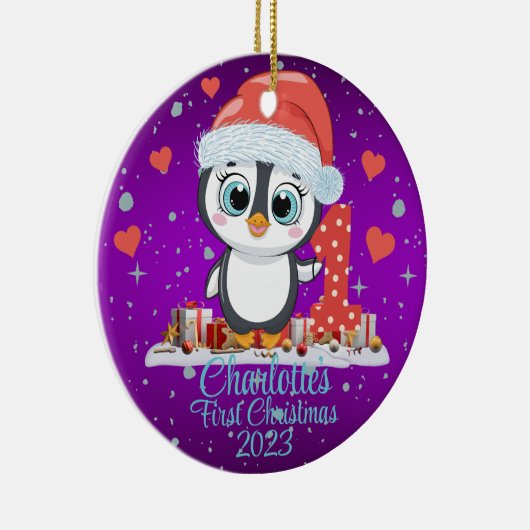 Schattigee Penguin Baby's Eerste Kerstmis Paarse Keramisch Ornament (Rechts)