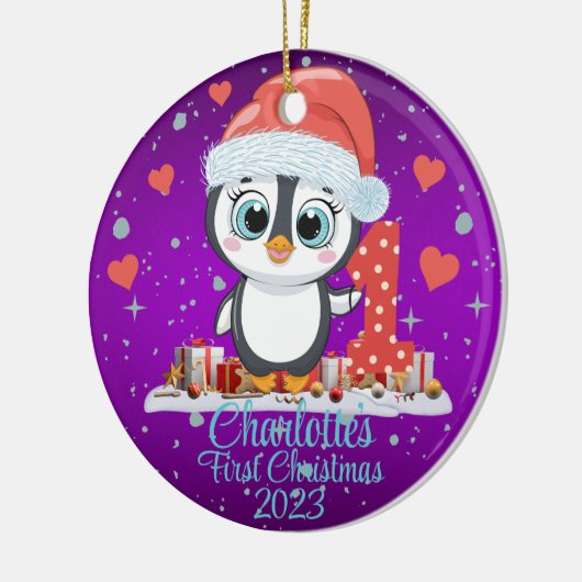 Schattigee Penguin Baby's Eerste Kerstmis Paarse Keramisch Ornament (Links)