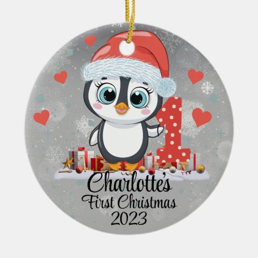 Schattigee Penguin Baby's Eerste Kerstzilver Keramisch Ornament (Voorkant)