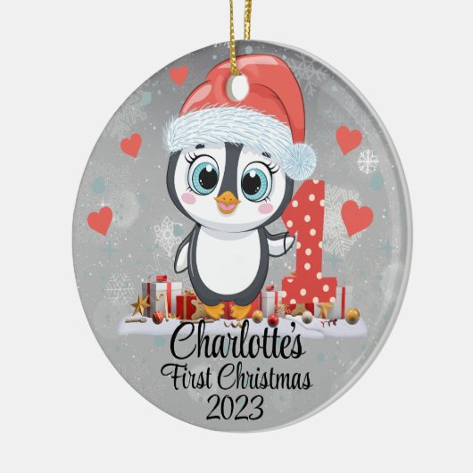 Schattigee Penguin Baby's Eerste Kerstzilver Keramisch Ornament (Links)