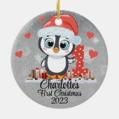 Schattigee Penguin Baby's Eerste Kerstzilver Keramisch Ornament (Achterkant)