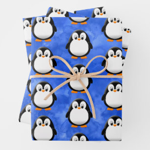 Schattigee Penguin Cartoon Blauwe Waterverf Inpakpapier Vel