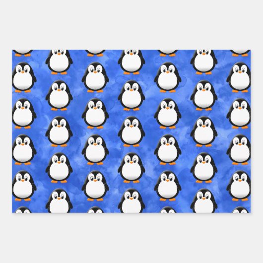 Schattigee Penguin Cartoon Blauwe Waterverf Inpakpapier Vel (Voorkant)