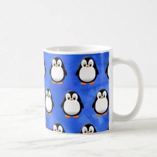 Schattigee Penguin Cartoon Blauwe Waterverf Koffiemok