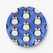 Schattigee Penguin Cartoon Blauwe Waterverf Papieren Bordje (Voorkant)