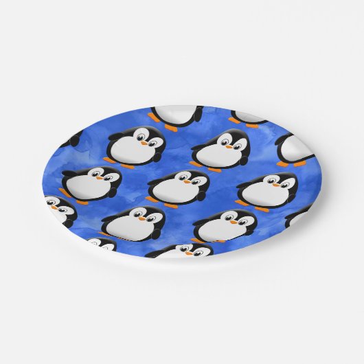 Schattigee Penguin Cartoon Blauwe Waterverf Papieren Bordje (Gekanteld)