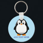 Schattigee Penguin Cartoon Custom Blue Sleutelhanger<br><div class="desc">Een leuke zwart-witte pinguïn tekening. Sleutelhangers voor kleine dieren. Tekst bewerken om aan te passen. Cadeau idee voor kinderen.</div>