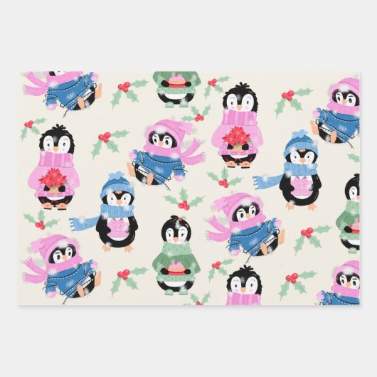 Schattigee Penguin en Stripes Patronen Wrapping Pa Inpakpapier Vel (Voorkant)