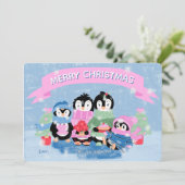 Schattigee Penguin Family Blue Flat Holiday Kaart (Staand voorkant)