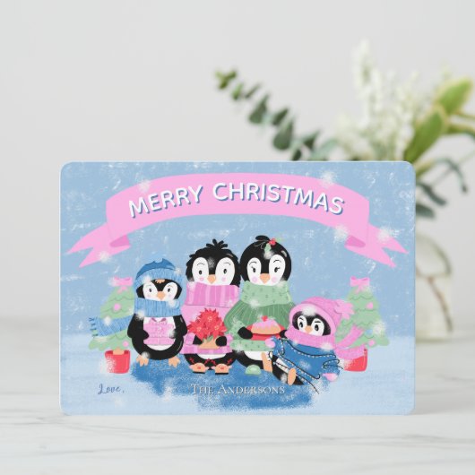 Schattigee Penguin Family Blue Flat Holiday Kaart (Staand voorkant)