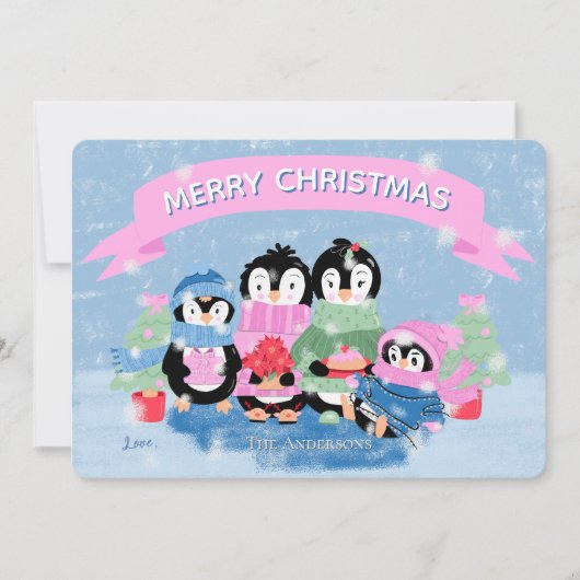 Schattigee Penguin Family Blue Flat Holiday Kaart (Voorkant)