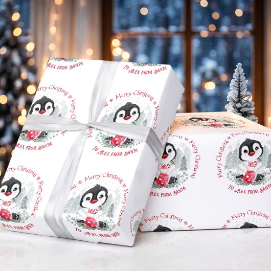Schattigee Penguin Gepersonaliseerde Naam Kerstmis Cadeaupapier