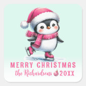 Schattigee Penguin Ice Skater Mint en Roze Kerst Vierkante Sticker (Voorkant)