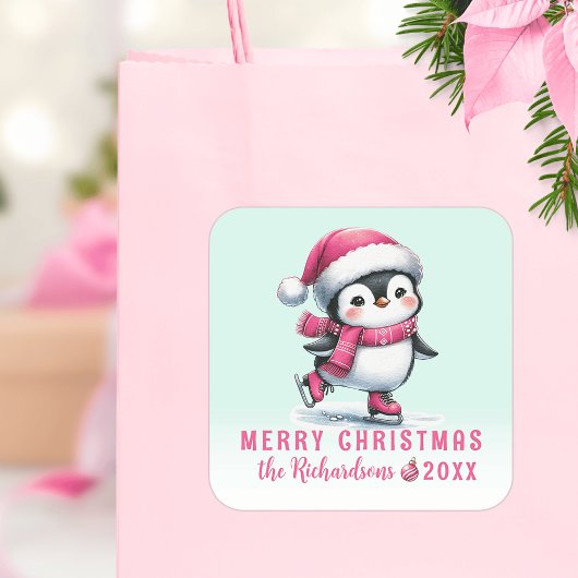 Schattigee Penguin Ice Skater Mint en Roze Kerst Vierkante Sticker