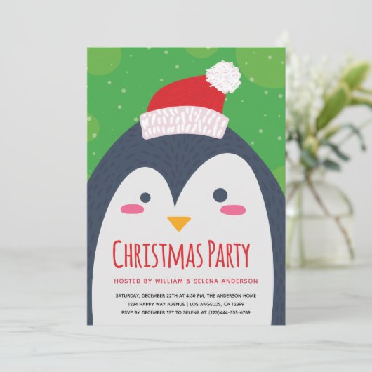 Schattigee Penguin Kerstfeest Uitnodiging (Staand voorkant)