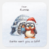 Schattigee Penguin Santa Hat Sneeuwvlokken Kinder  Vierkante Sticker (Voorkant)