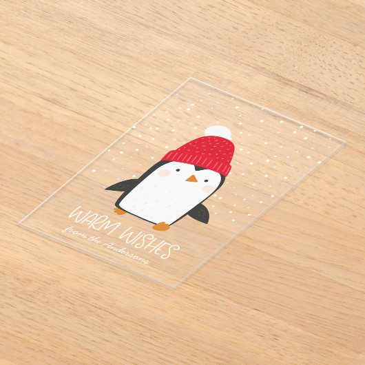 Schattigee Penguin Warm Wensen Niet-Foto Vakantie Acryl Uitnodigingen (Laagn)