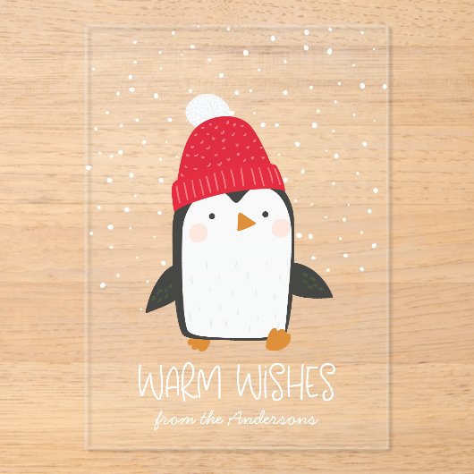 Schattigee Penguin Warm Wensen Niet-Foto Vakantie Acryl Uitnodigingen (Voorkant)