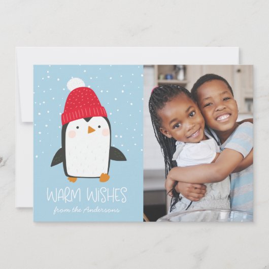 Schattigee Penguin Warm Wishes Foto Feestdagenkaart (Voorkant)