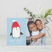 Schattigee Penguin Warm Wishes Foto Feestdagenkaart (Staand voorkant)