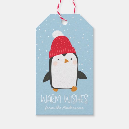 Schattigee Penguin Warm Wishes Vakantie Cadeaulabel (Voorkant)