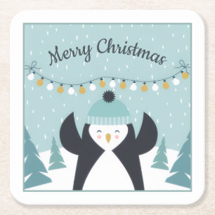Schattigee Penguin Winter Art Vrolijk Kerstfeest Kartonnen Onderzetters