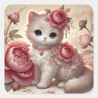 Schattigee Peony Princess Cat Vierkante Sticker
