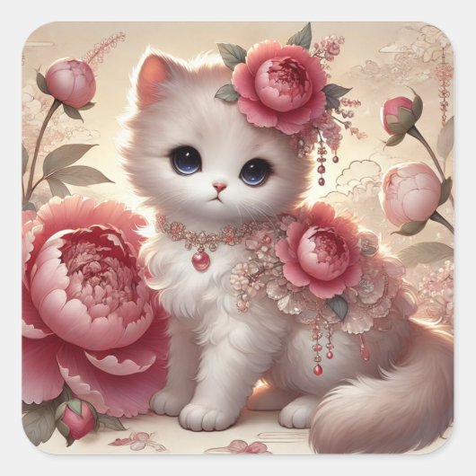 Schattigee Peony Princess Cat Vierkante Sticker (Voorkant)