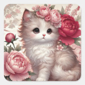 Schattigee Peony Princess Cat Vierkante Sticker (Voorkant)