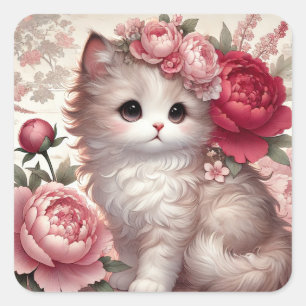 Schattigee Peony Princess Cat Vierkante Sticker