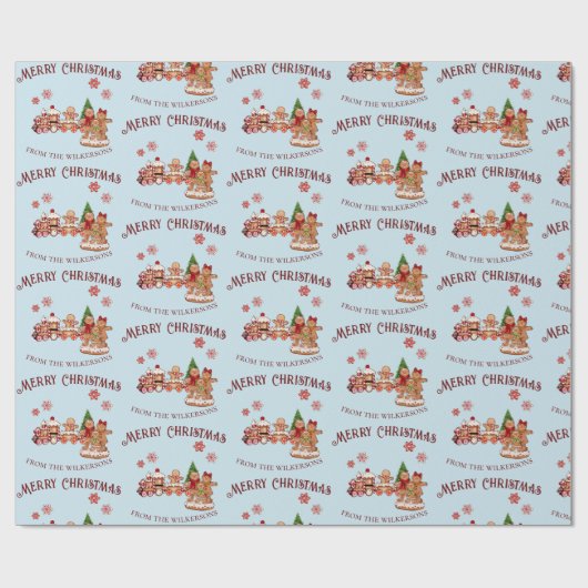 Schattigee peperkoek Trein en Familie Blauwe Kerst Cadeaupapier (Vlak)