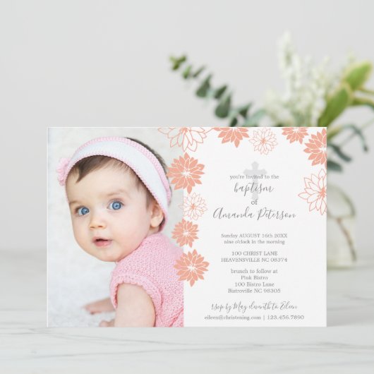 Schattigee Perzik Bloemenpatroon Cross Girl Doop Kaart (Staand voorkant)