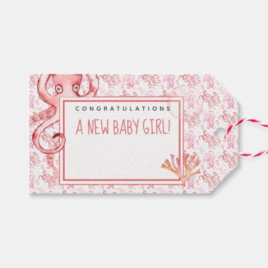 Schattigee perzik koraal Waterverf octopus | Baby  Cadeaulabel (Voorkant (Horizontaal))