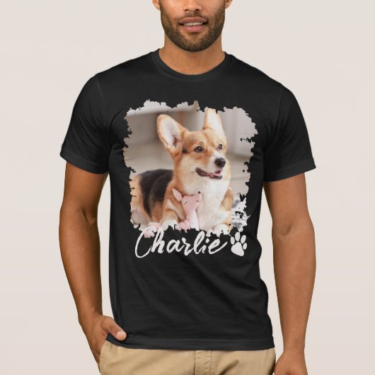 Schattigee Pet Photo Naam & Paw Print Zwart T-shirt (Voorkant)