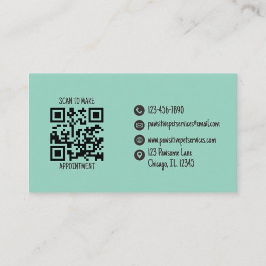 Schattigee Pet Sitter Blauwgroen Kat Hond QR Code Visitekaartje (Achterkant)