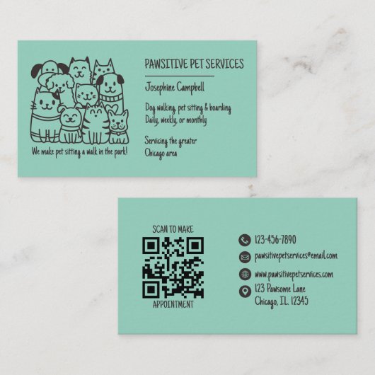 Schattigee Pet Sitter Blauwgroen Kat Hond QR Code Visitekaartje (Voorkant / Achterkant)