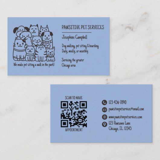 Schattigee Pet Sitter Blue Cat Dog QR-code Visitekaartje (Voorkant / Achterkant)