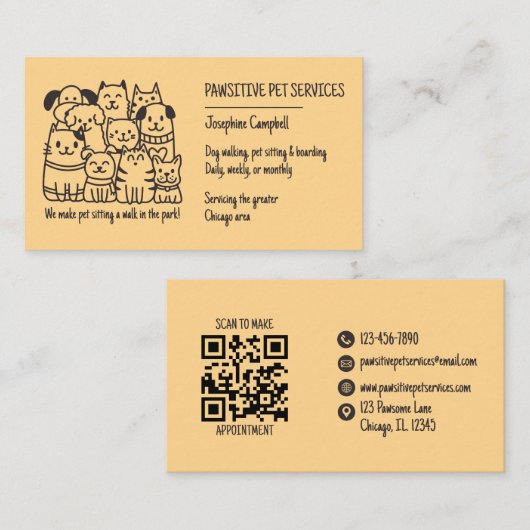 Schattigee Pet Sitter Yellow Cat Dog QR-code Visitekaartje (Voorkant / Achterkant)