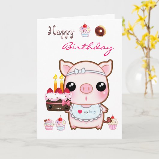 Schattigee piggy en kawaii cakes - Happy verjaarda Kaart (Gele Bloem)