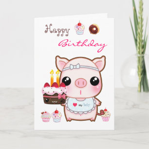 Schattigee piggy en kawaii cakes - Happy verjaarda Kaart