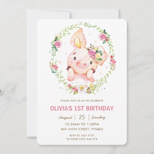 Schattigee Piggy Pink Bloemen Greenery Krans Verja Kaart (Voorkant)